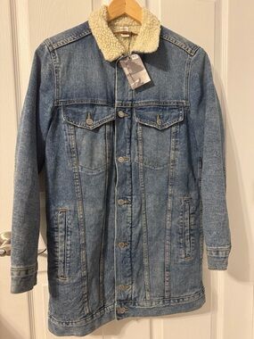 Blue Denim Pea Coat with Cream Sherpa Collar